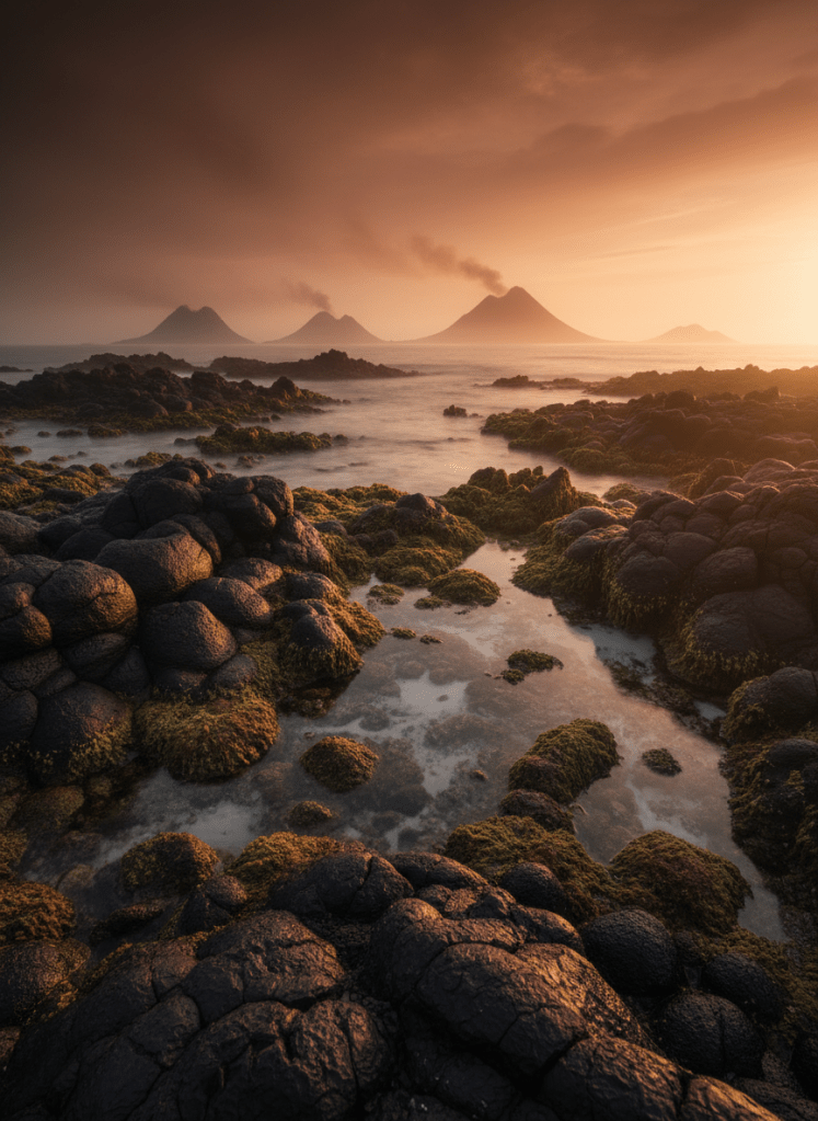 A cinematic, photographic realism panorama of an imagined early Earth shoreline, viewed from a low angle at the water’s edge. Jagged dark basalt and pillow lavas frame shallow tidal pools filled with cloudy, mineral-rich water, their surfaces broken by matted, greenish microbial films clinging to rock. In the distance, low, hazy volcanic islands exhale thin plumes under a thick, copper-tinted atmosphere. Warm, low-angle sunlight pierces the haze, casting dramatic highlights on wet rock surfaces and long, moody shadows between boulders. Fine mist softens the horizon, creating depth and a sense of alien familiarity. Composition uses the rule of thirds, with detailed foreground textures and a gently blurred background, producing a serious yet awe-filled mood that bridges geology and the origins of life.
