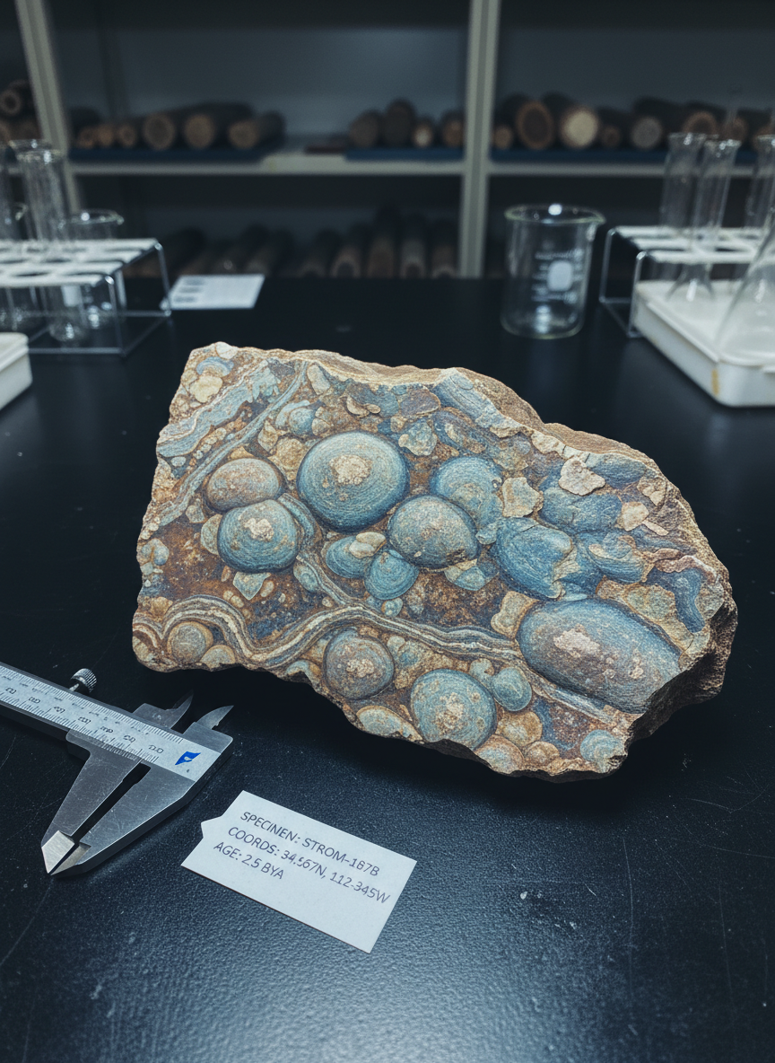 A close-up photographic realism image of a weathered sedimentary rock slab on a dark laboratory table, its surface sliced and polished to reveal intricate, wavy stromatolite layers in muted blues, browns, and creams. Thin, finely banded textures curve and dome upward, clearly distinguishing each microbial mat layer. Beside the slab lies a stainless-steel caliper and a labeled specimen tag with precise coordinates and age, adding scientific context. Overhead, cool, diffused lab lighting casts even illumination, highlighting subtle mineral sparkle and micro-textures while producing soft, controlled shadows. The background gently blurs into shelves of rock cores and acid-washed glassware, with a calm, focused atmosphere. Captured from a slightly elevated angle with shallow depth of field, the composition evokes rigorous, evidence-based exploration of ancient life on Earth.