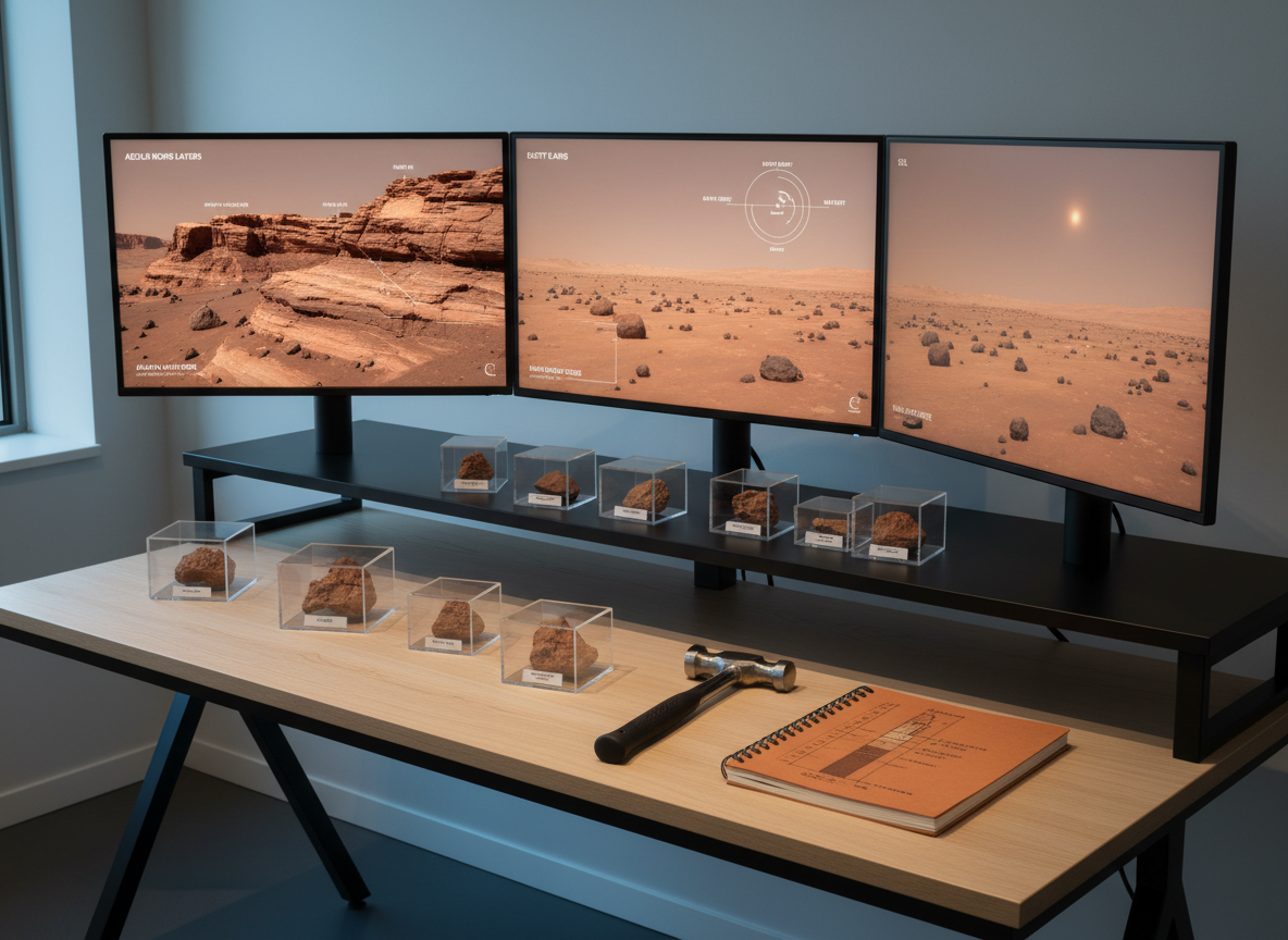 A high-resolution, photographic realism scene of a rocky Martian landscape displayed across multiple sleek, thin-bezel monitors on a modern black metal and light-wood desk. The screens show layered sedimentary cliffs, dusty red plains, and a pale sky with a tiny distant Sun, all annotated with clean, semi-transparent geological labels and simple orbit diagrams. Around the monitors, neatly arranged are rock samples in small clear acrylic boxes, a geological hammer, and a spiral-bound field notebook opened to a sketched stratigraphic column. Soft, cool daylight filters in from an unseen window, creating gentle reflections on the monitors and subtle shadows on the desk. Shot at eye level with a slight three-quarter angle, the composition feels organized, professional, and calm, conveying expert astrobiology analysis in a contemporary, minimalist workspace.