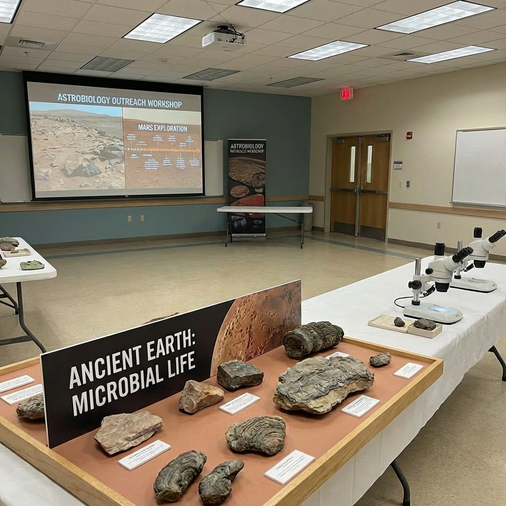 Astrobiology workshop signs FROM EARTH TO MARS SEARCHING FOR LIFE and ANCIENT EARTH MICROBIAL LIFE.